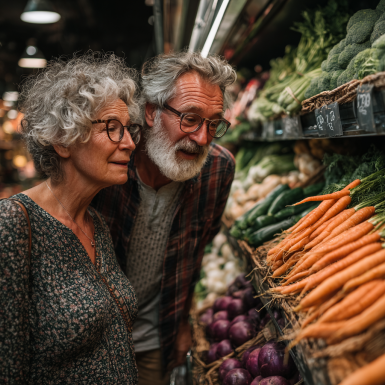 Щаслива літня пара готує здорову їжу на кухні